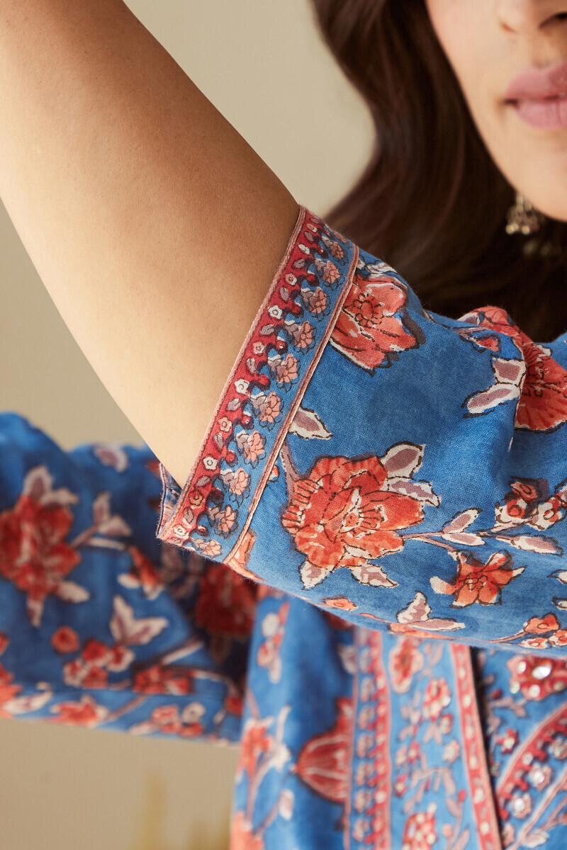 Blue Hand Block-Printed Straight Cotton Kurta