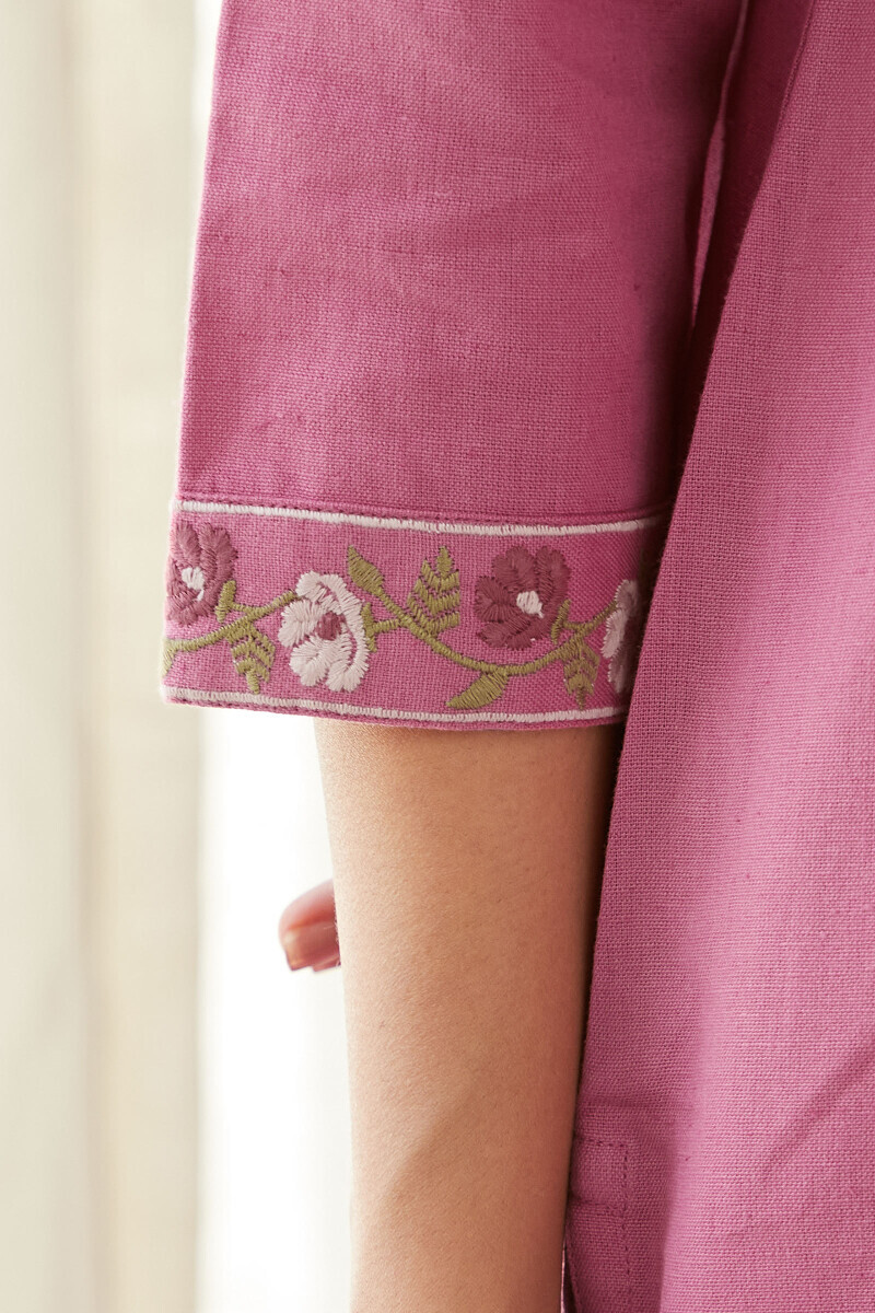Pink Handcrafted Straight Cotton Flax Kurta