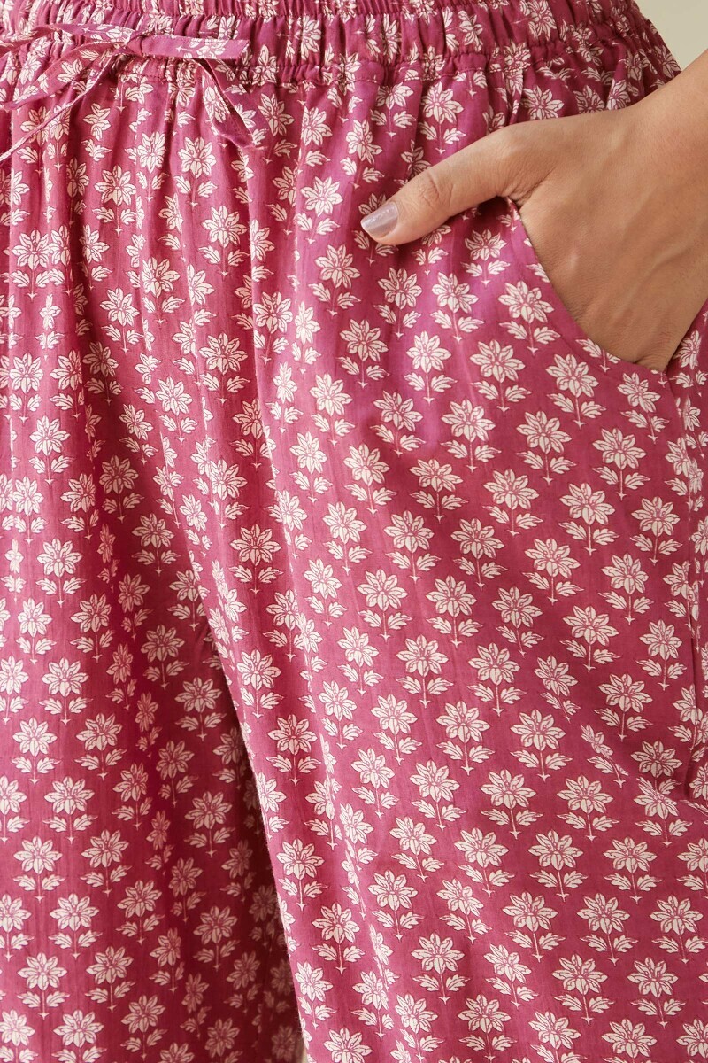 Pink Hand Printed Cotton Narrow Pants