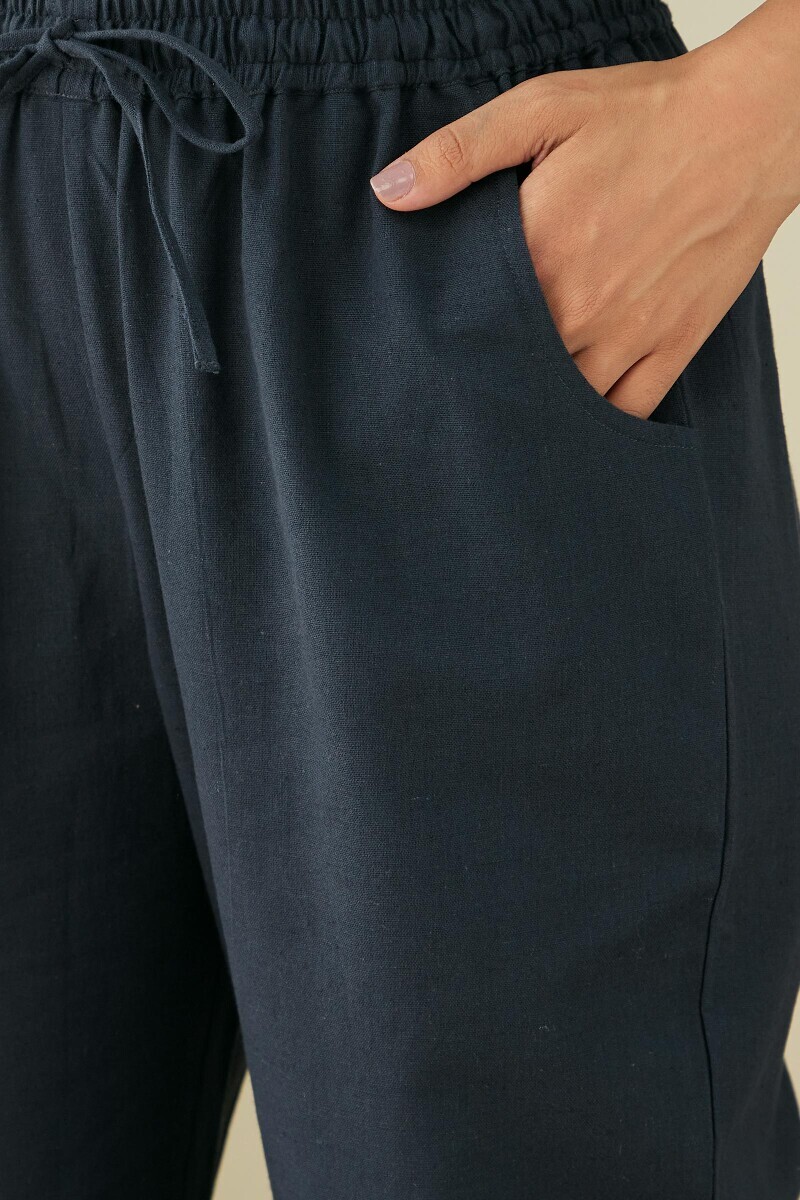 Blue Handcrafted Cotton Flax Narrow Pants