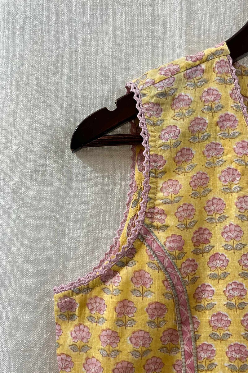 Yellow Hand Block-Printed Straight Cotton Slub Kurta