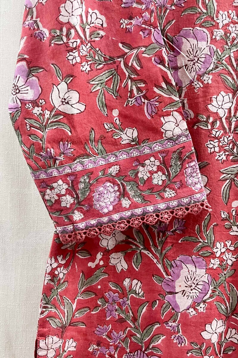 Pink Hand Block-Printed Straight Cotton Kurta