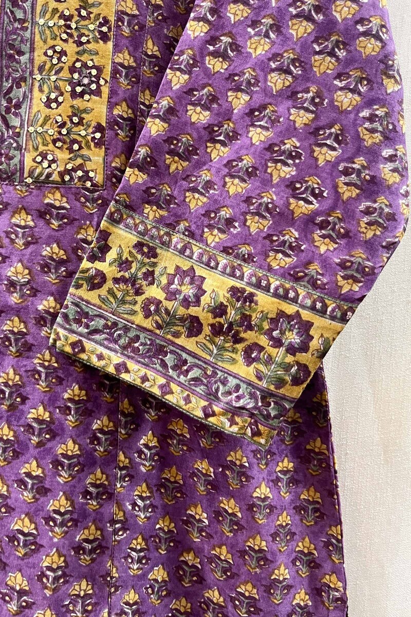 Purple Hand Block-Printed Straight Chanderi Kurta