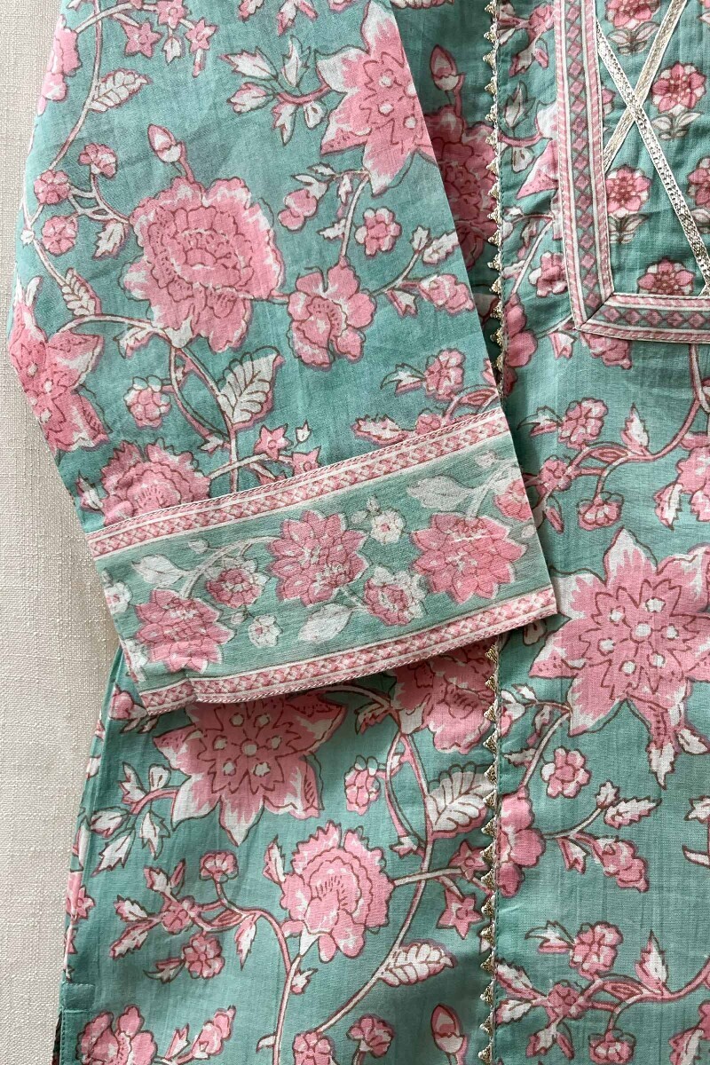 Green Hand Block-Printed Straight Cotton Kurta