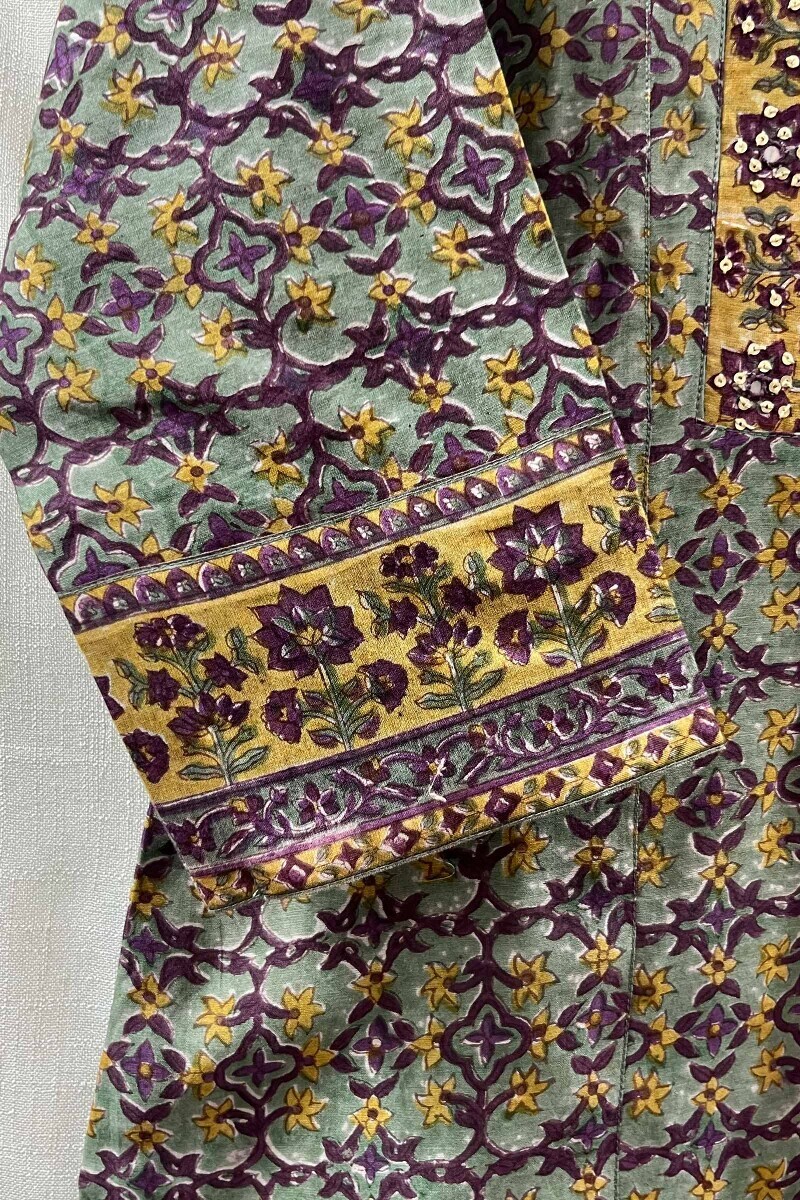 Green Hand Block-Printed Straight Chanderi Kurta