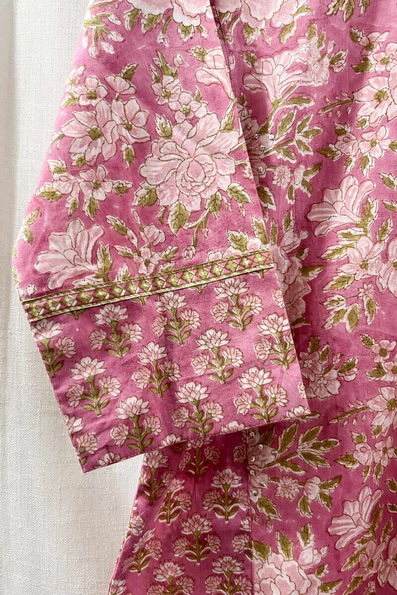 Pink Hand Block-Printed Straight Cotton Kurta