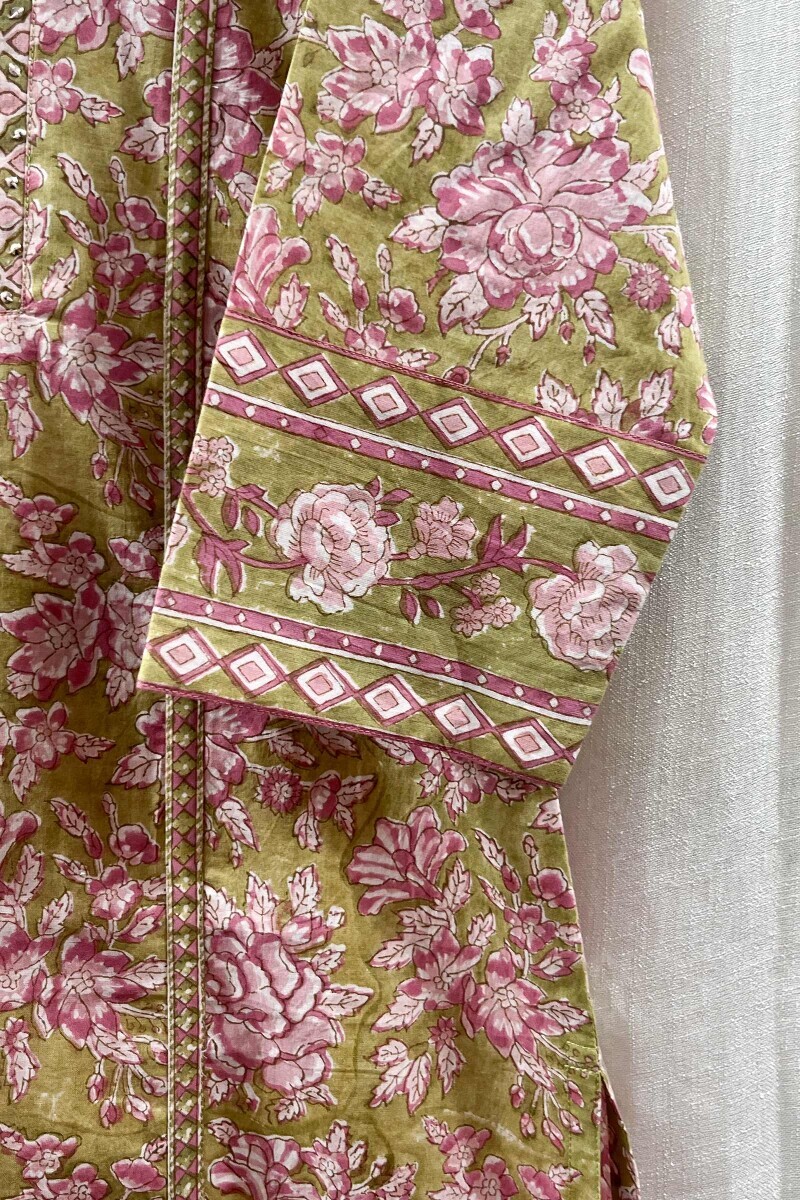 Green Hand Block-Printed Straight Cotton Kurta