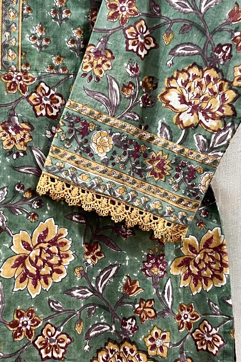 Green Hand Block-Printed Straight Cotton Kurta