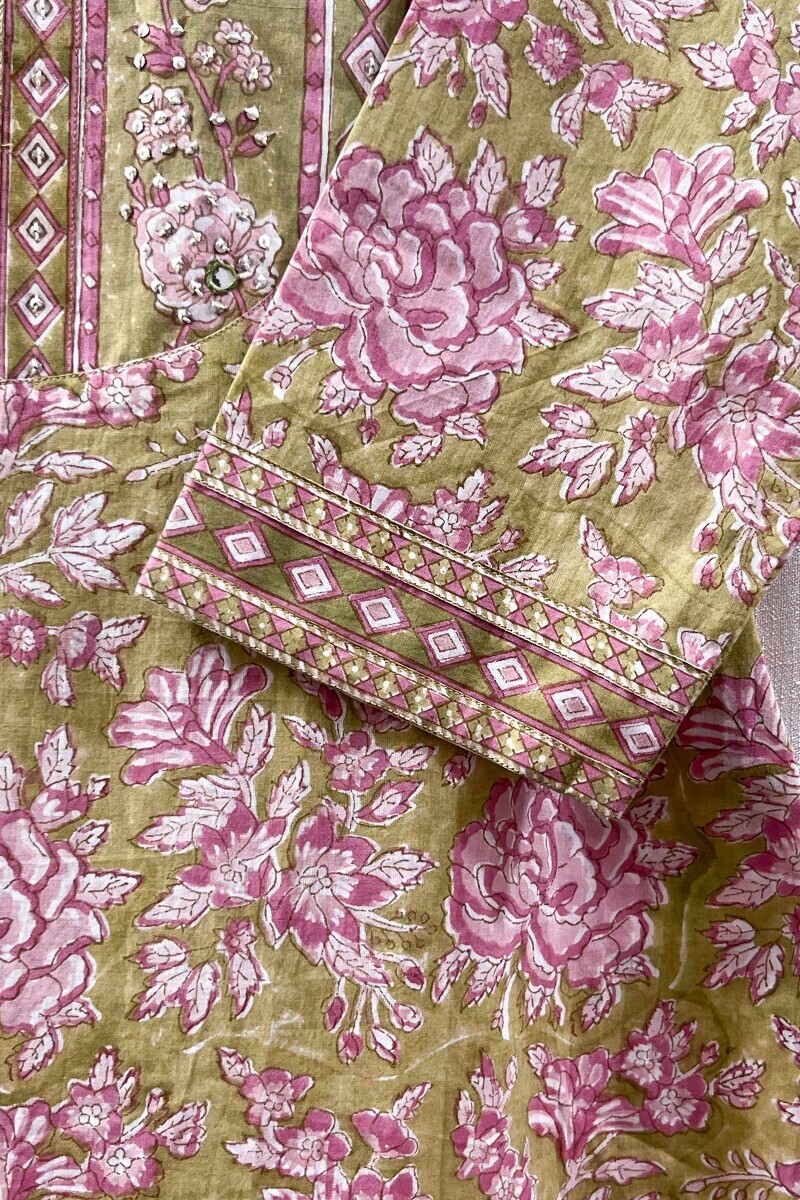 Green Hand Block-Printed Straight Cotton Kurta