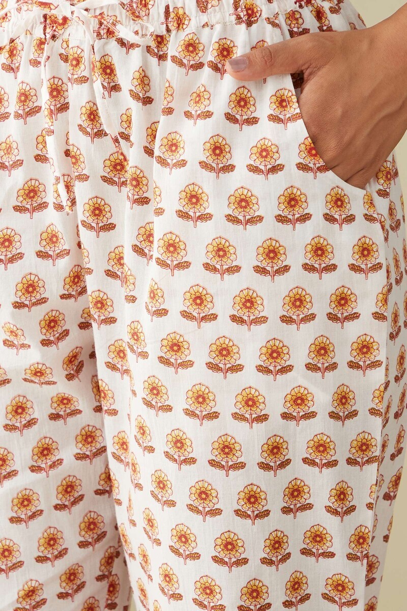 White Hand Printed Cotton Narrow Pants