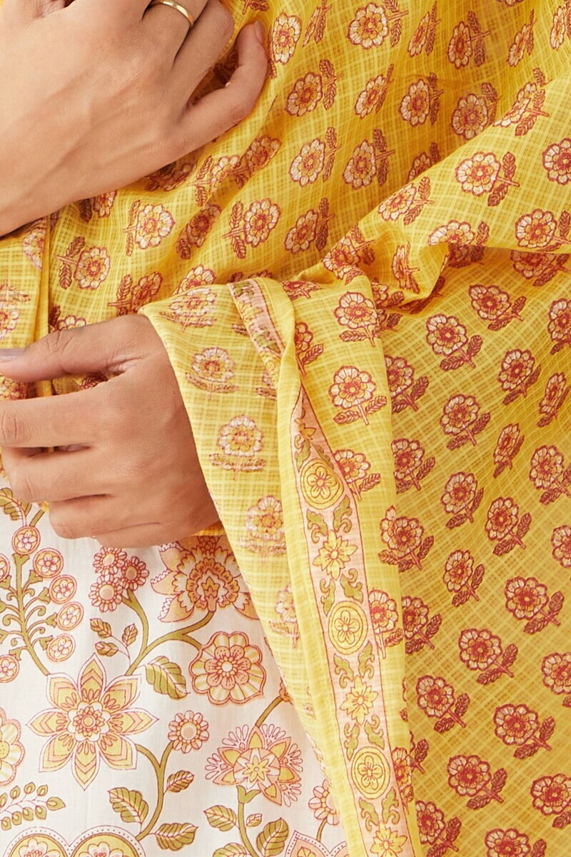 Yellow Hand Printed Kota Dupatta