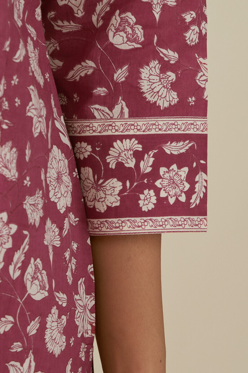 Pink Hand Printed Straight Cotton Kurta