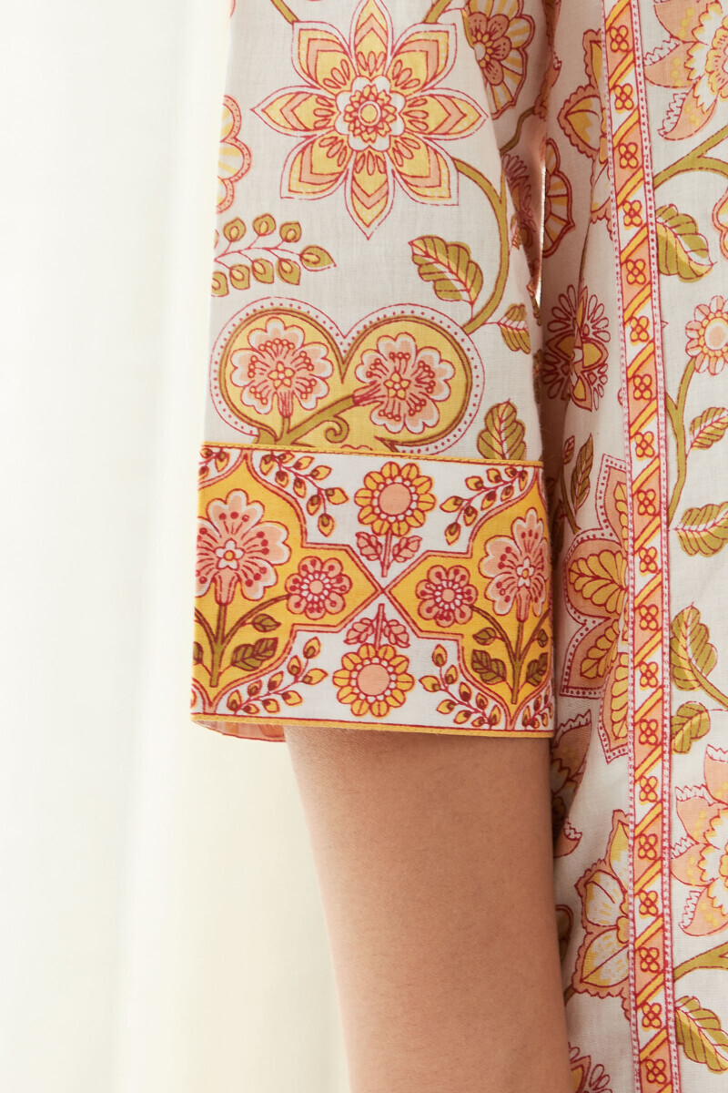 White Hand Printed Straight Cotton Kurta