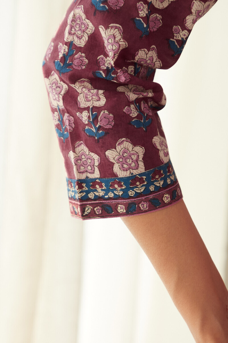 Maroon Hand Block-Printed Straight Cotton Kurta
