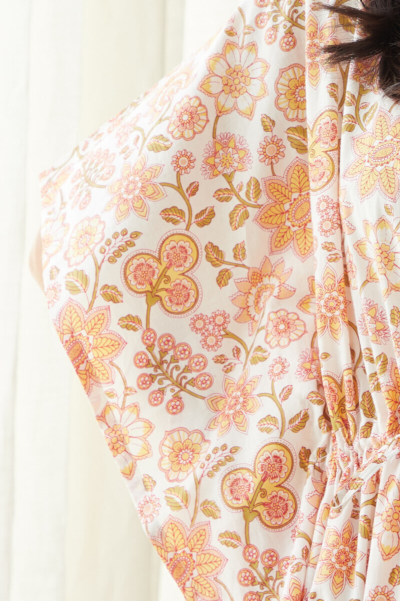 White Hand Printed Cotton Kaftan