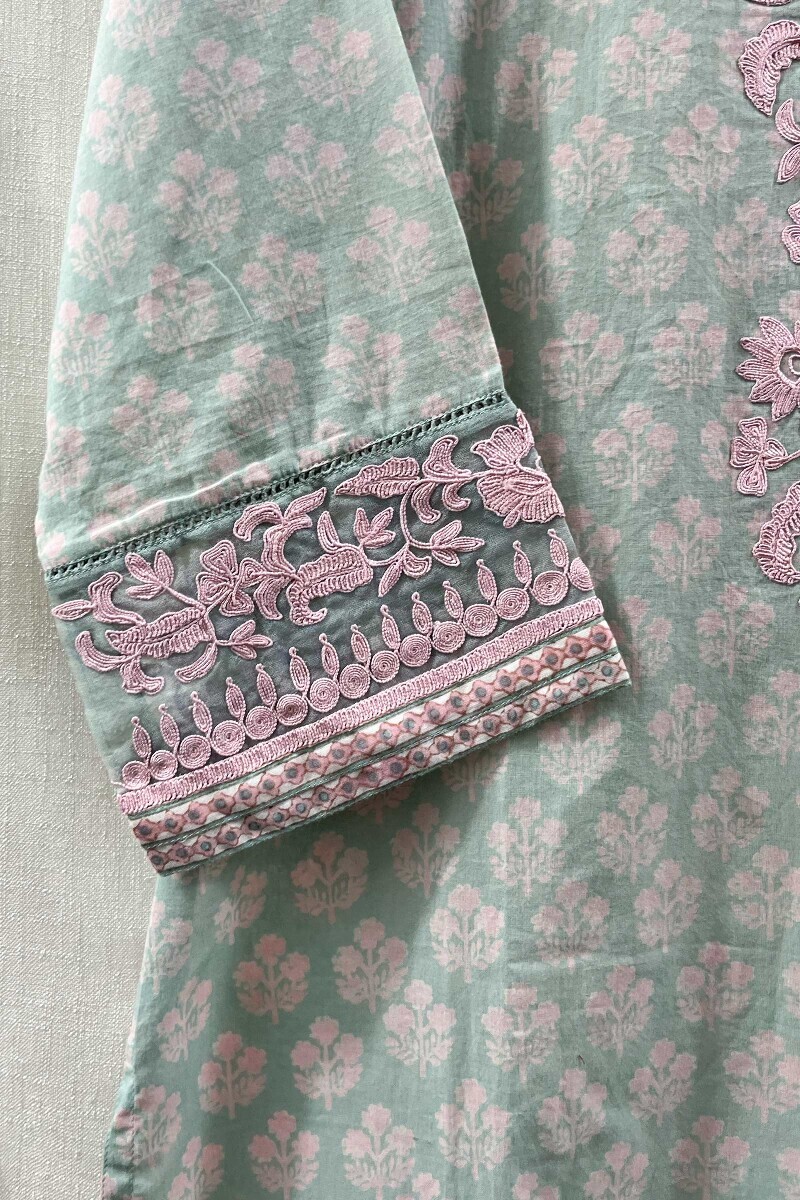 Green Hand Block-Printed Straight Cotton Kurta