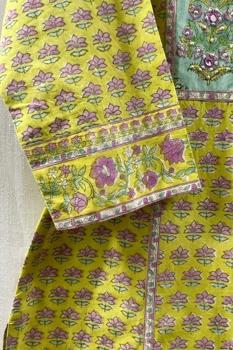 Yellow Hand Block-Printed Straight Cotton Kurta