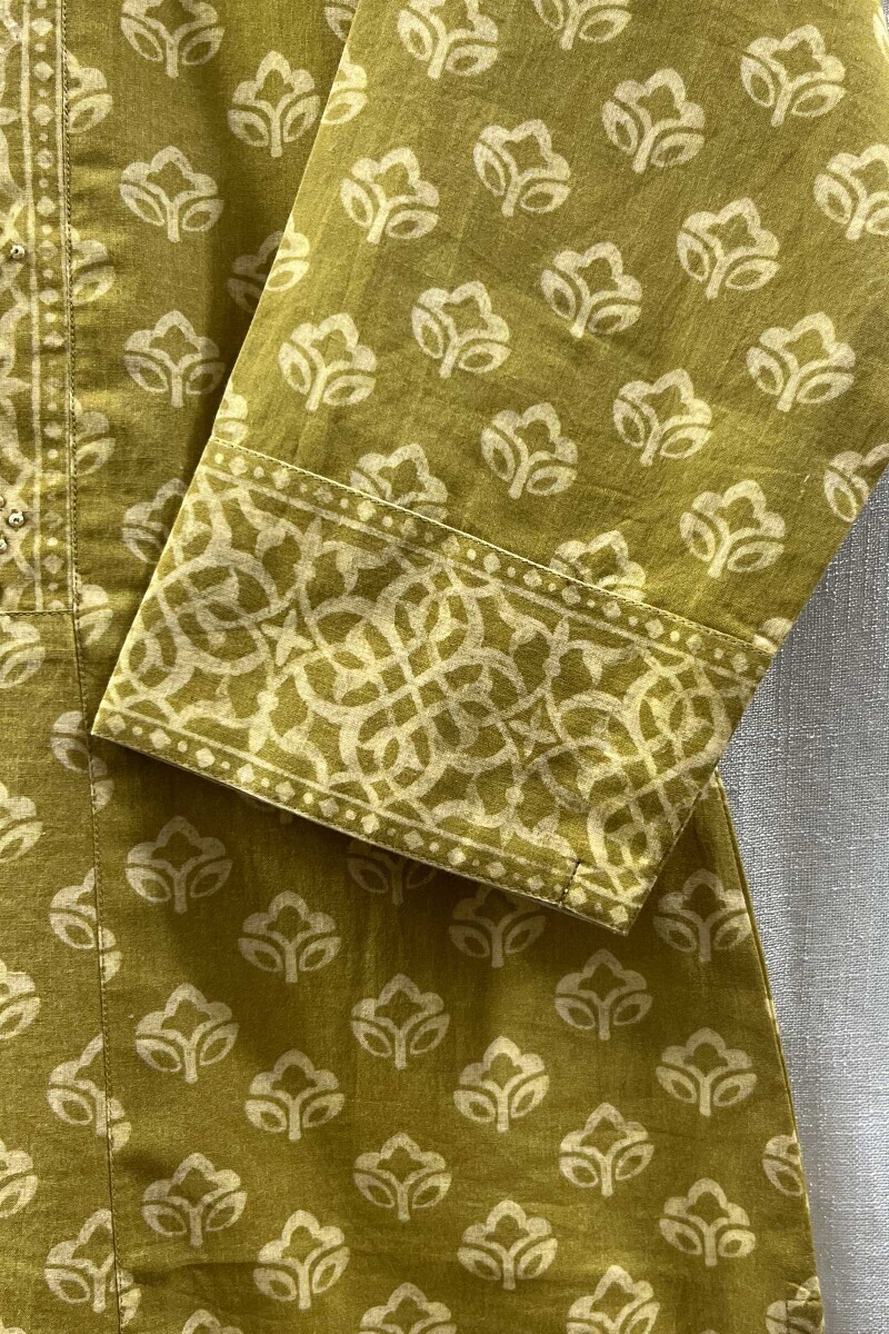 Green Printed Straight Cotton Kurta