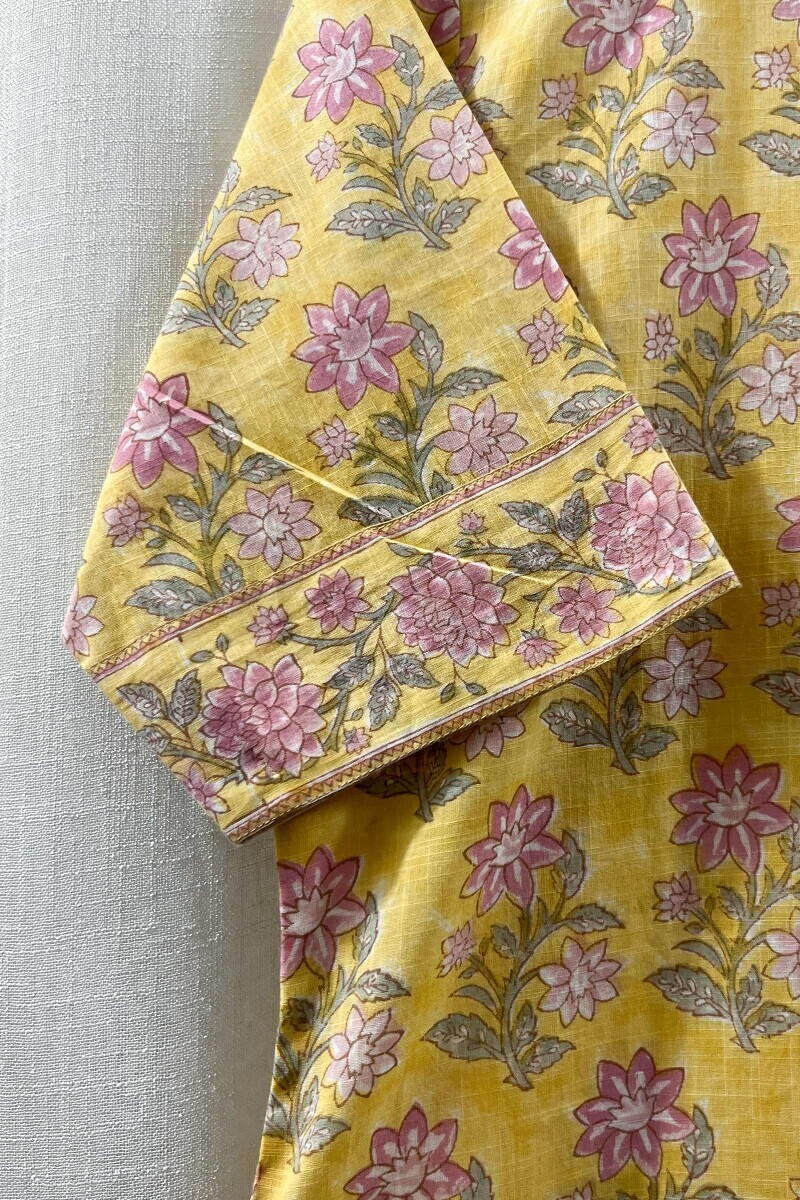 Yellow Hand Block-Printed Straight Cotton Slub Kurta
