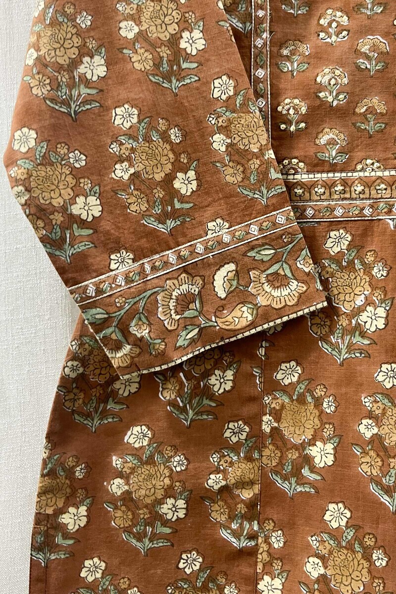 Brown Hand Block-Printed Straight Cotton Slub Kurta