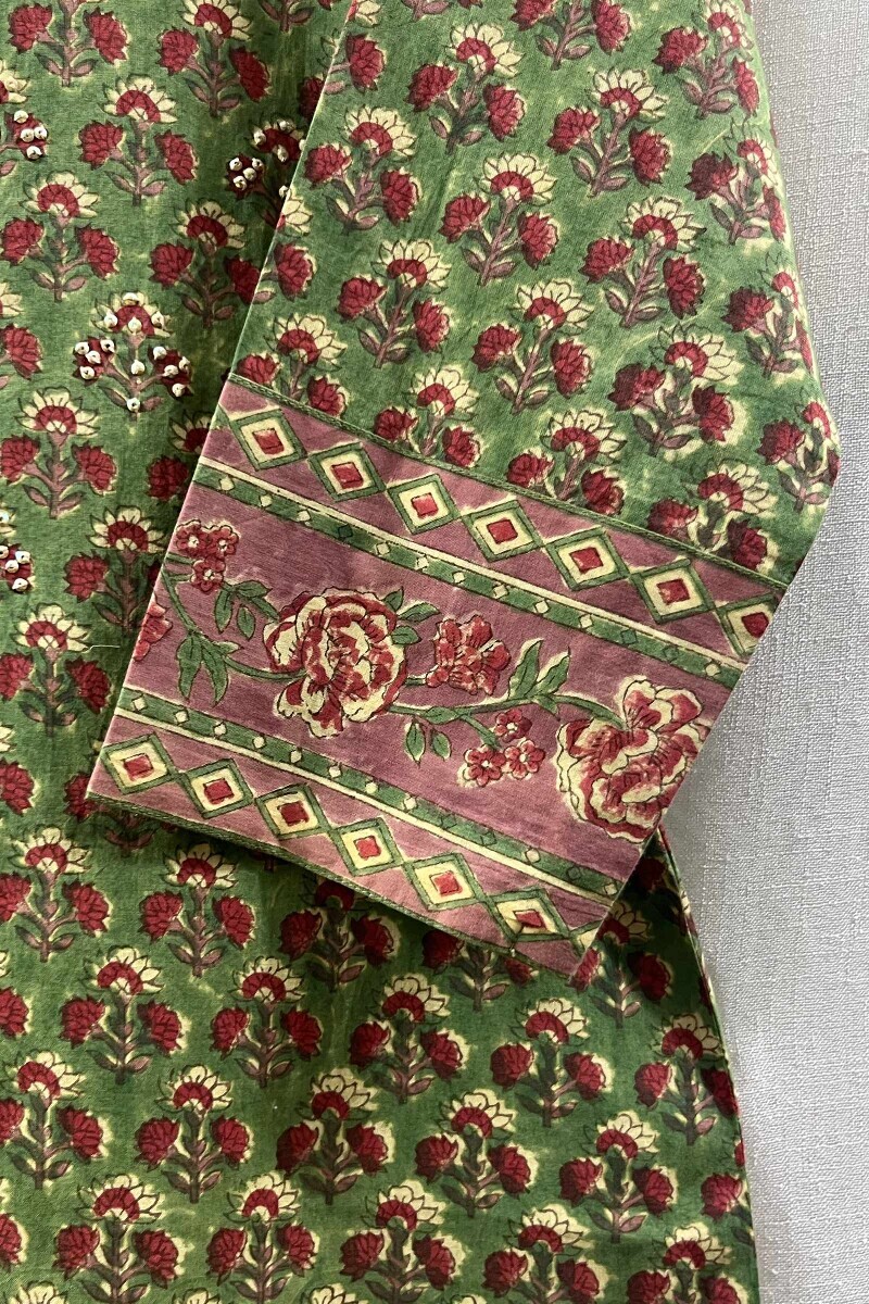 Green Hand Block-Printed Straight Cotton Kurta