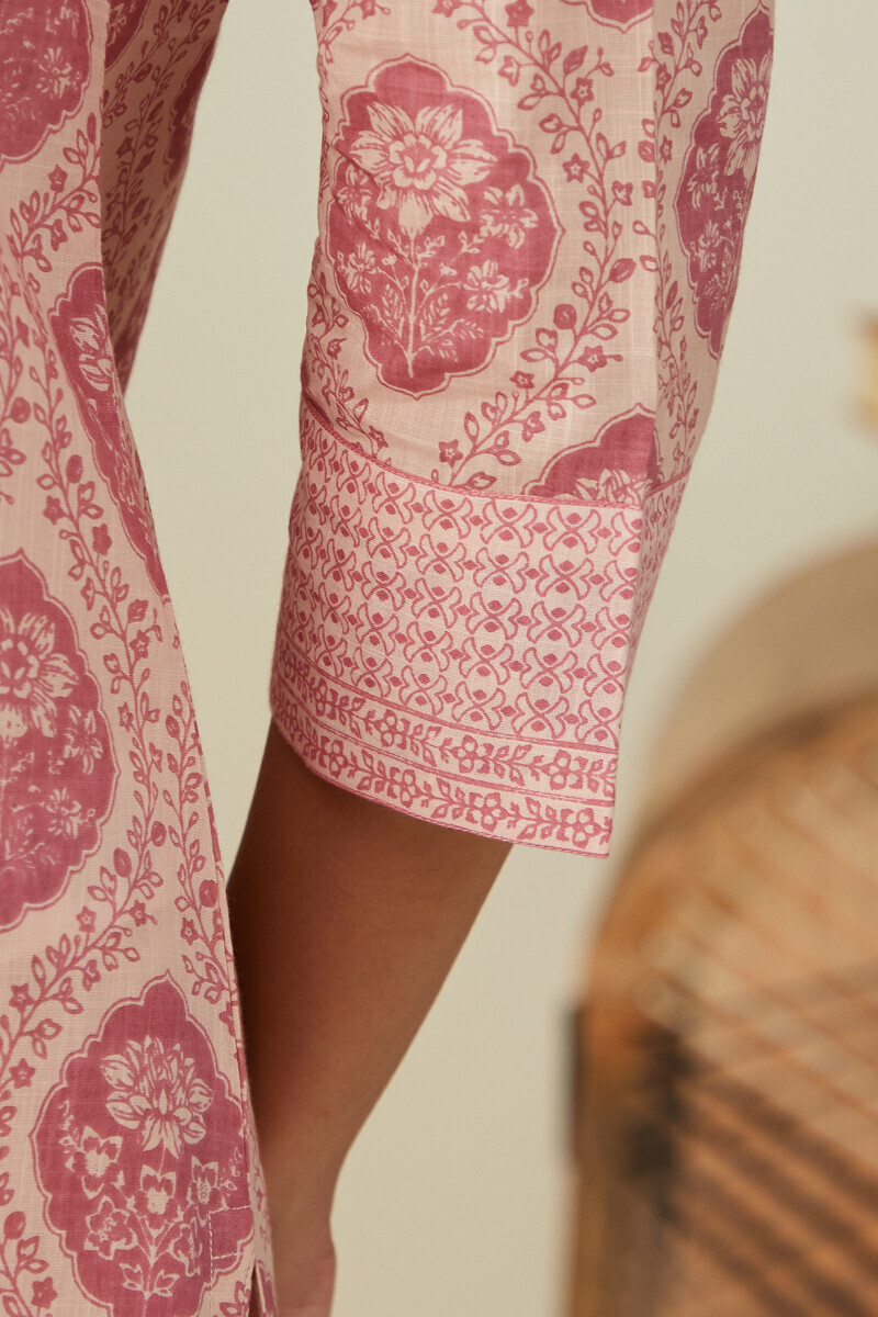 Pink Hand Printed Straight Cotton Slub Kurta