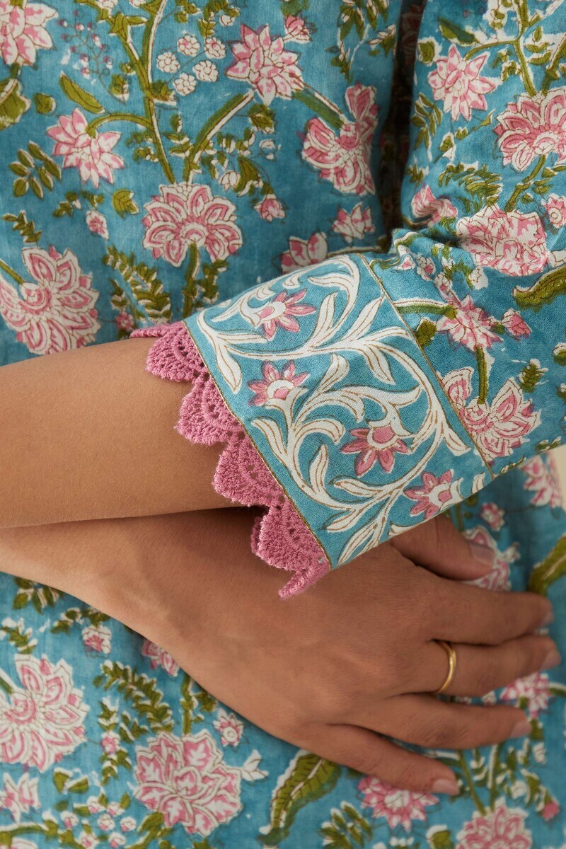 Blue Hand Block-Printed Straight Cotton Kurta