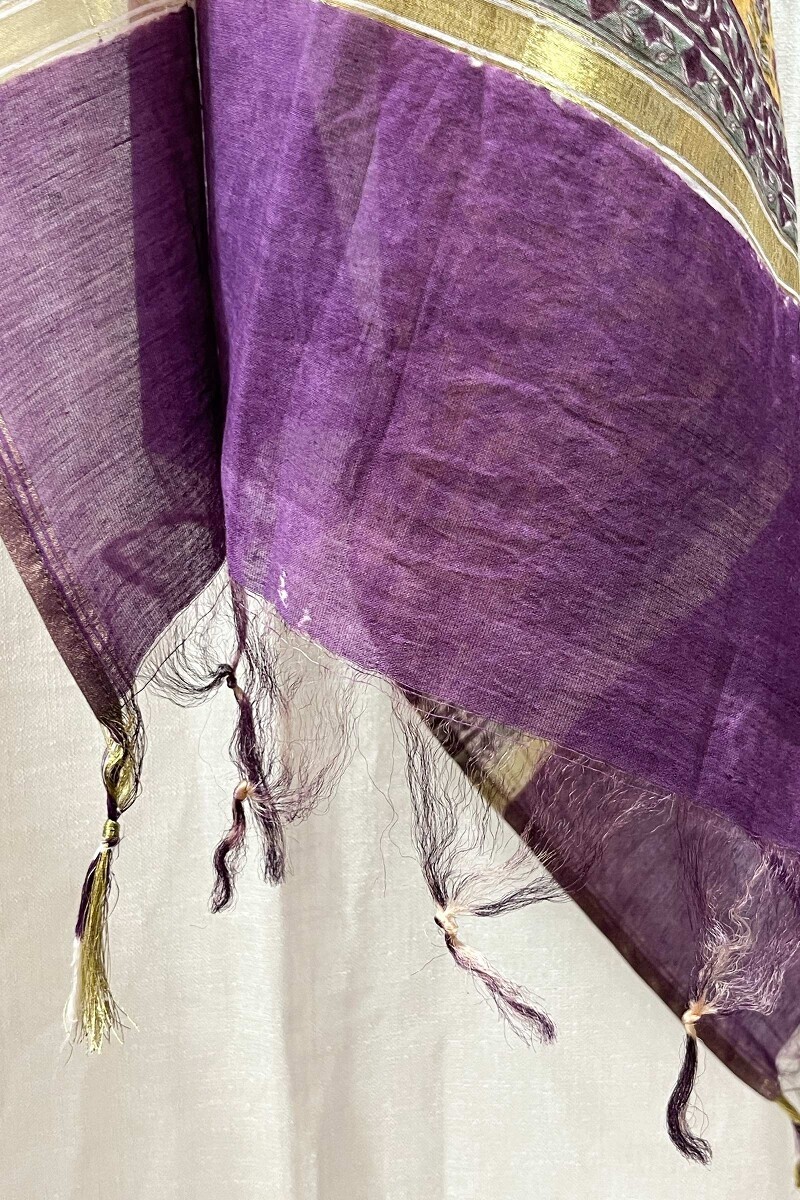 Yellow Hand Block-Printed Cotton Silk Dupatta