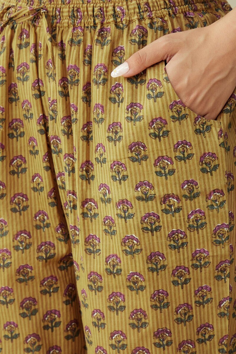 Mustard Hand Printed Cotton Dobby Narrow Pants