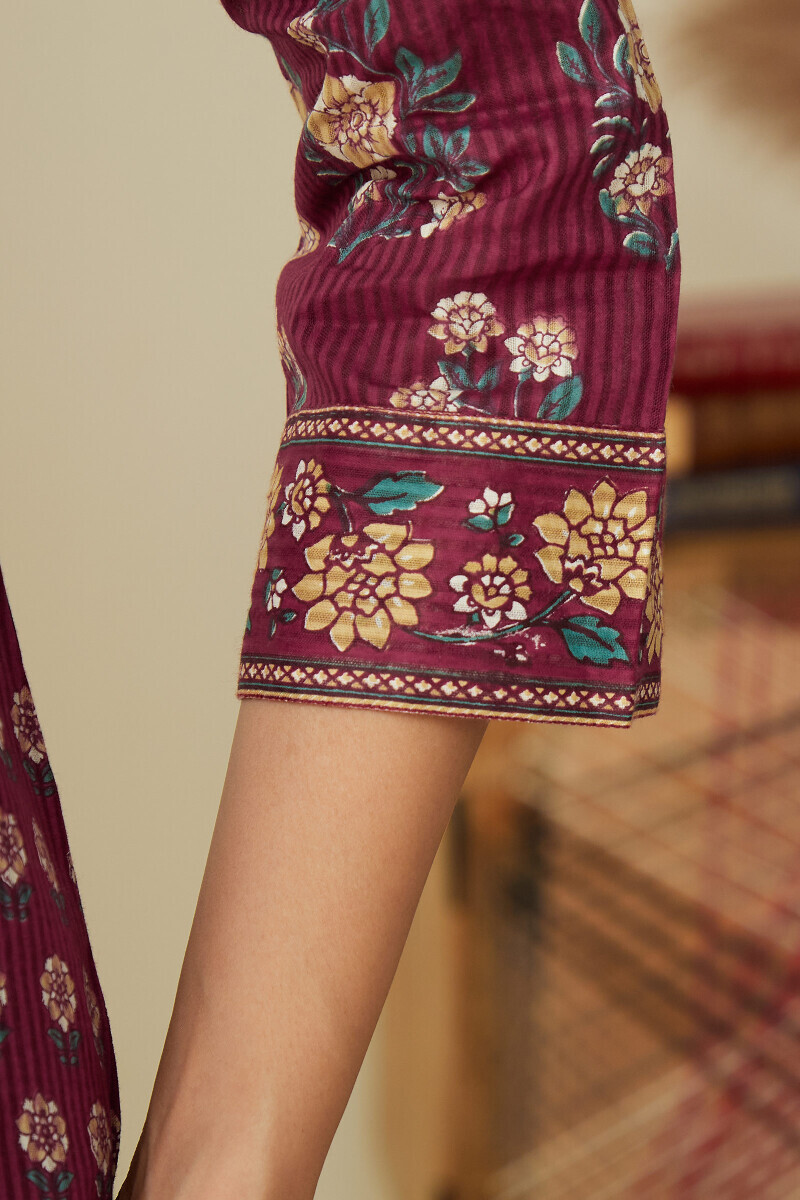 Red Hand Printed Straight Cotton Dobby Kurta