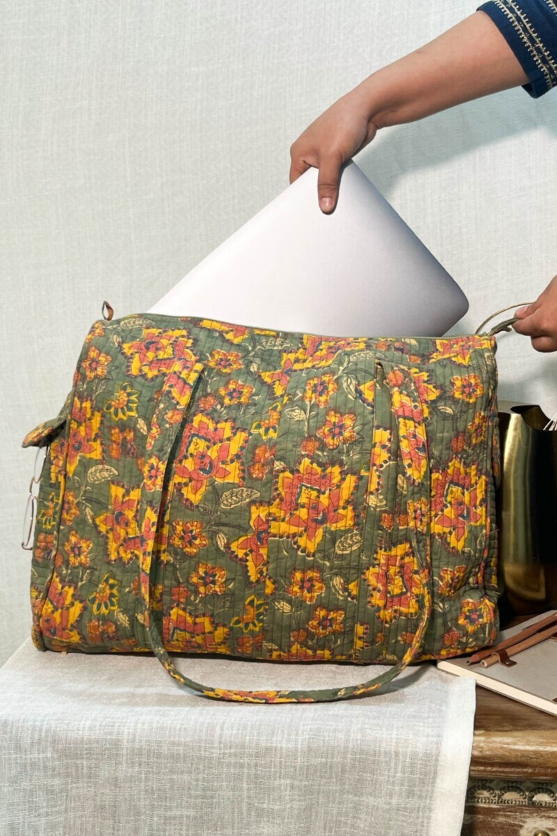 Green Hand Block-Printed Cotton Duffel Bag