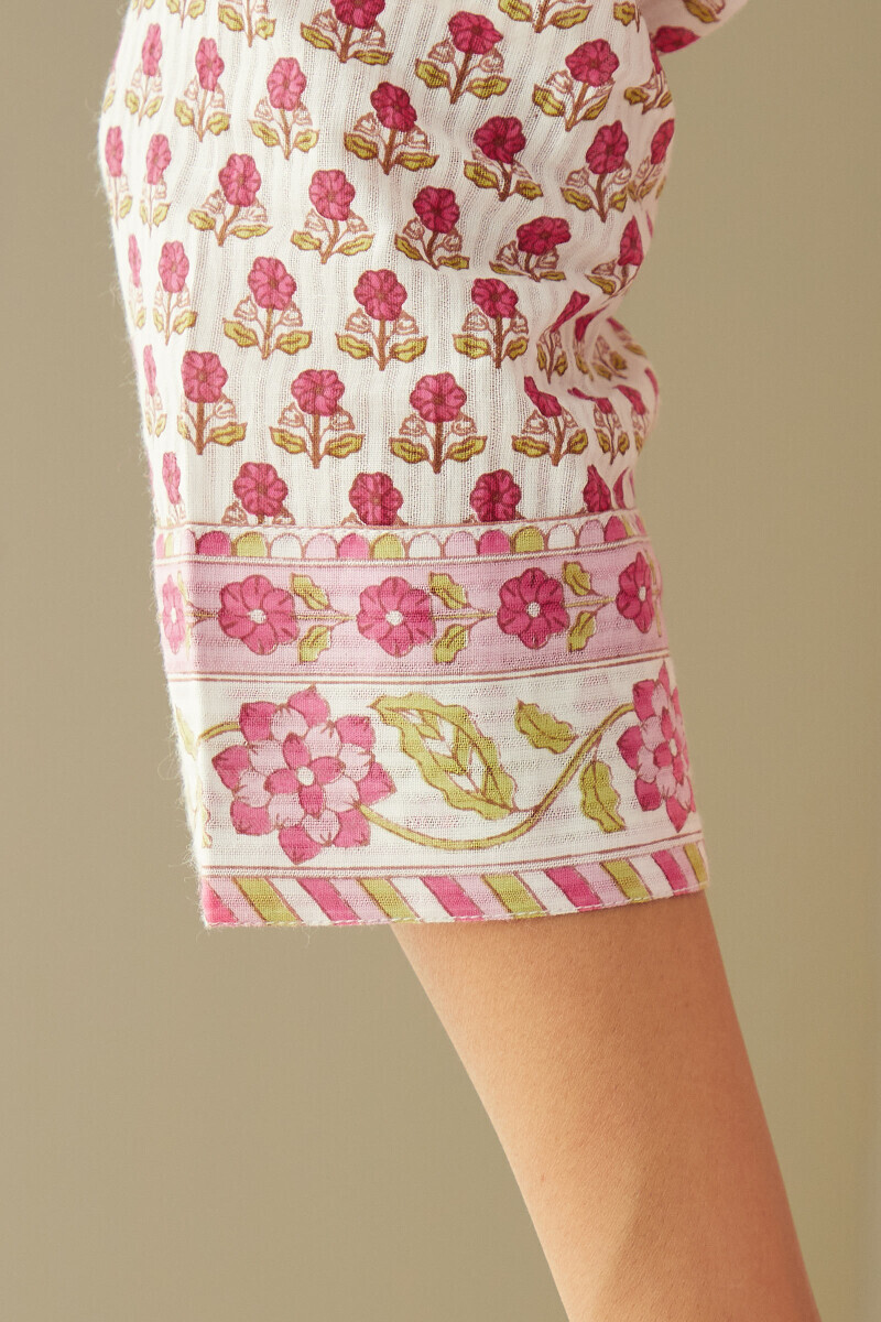 Pink Hand Printed Straight Cotton Dobby Kurta