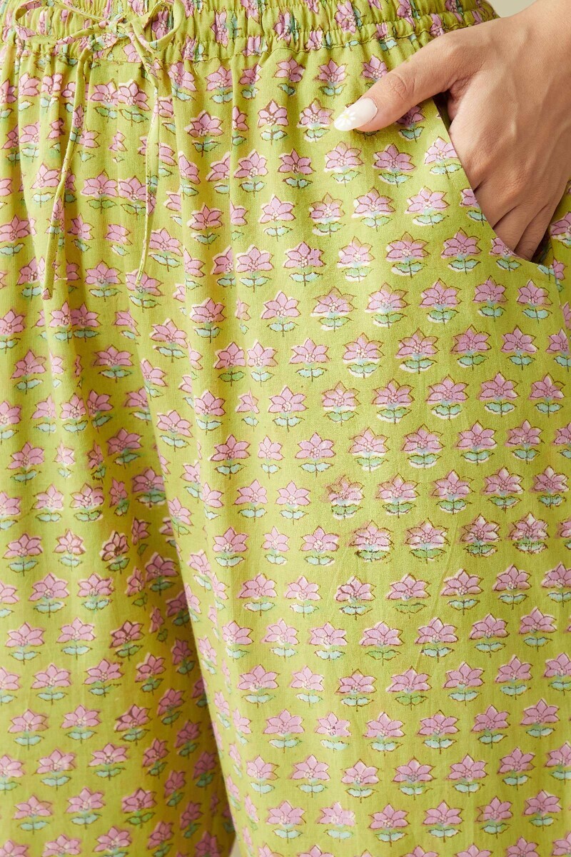 Yellow Hand Block-Printed Cotton Narrow Pants