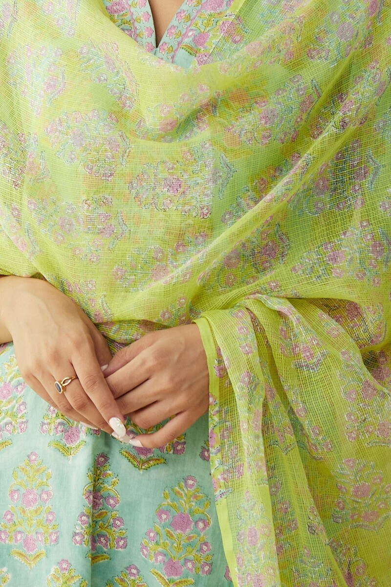 Yellow Hand Block-Printed Kota Dupatta