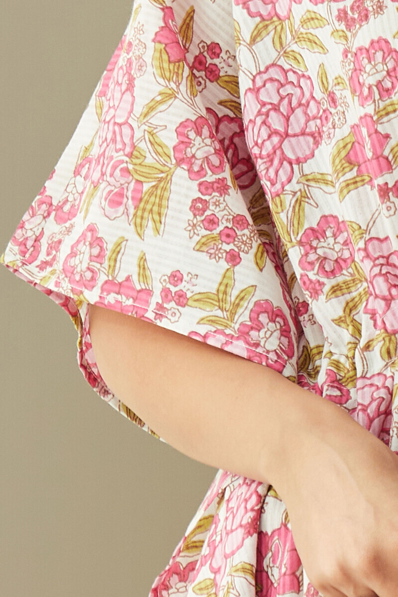 White Hand Printed Cotton Dobby Kaftan