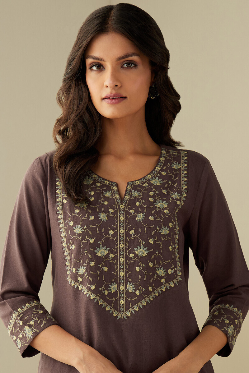 Brown Handcrafted Straight Cotton Flax Kurta
