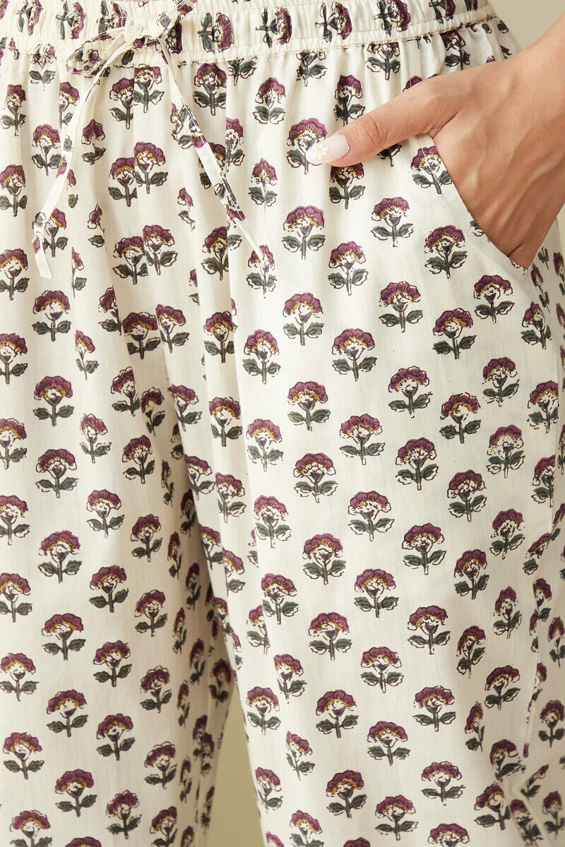 Cream Hand Printed Cotton Narrow Pants