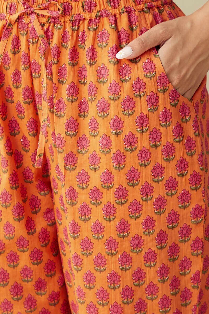 Orange Hand Printed Cotton Narrow Pants