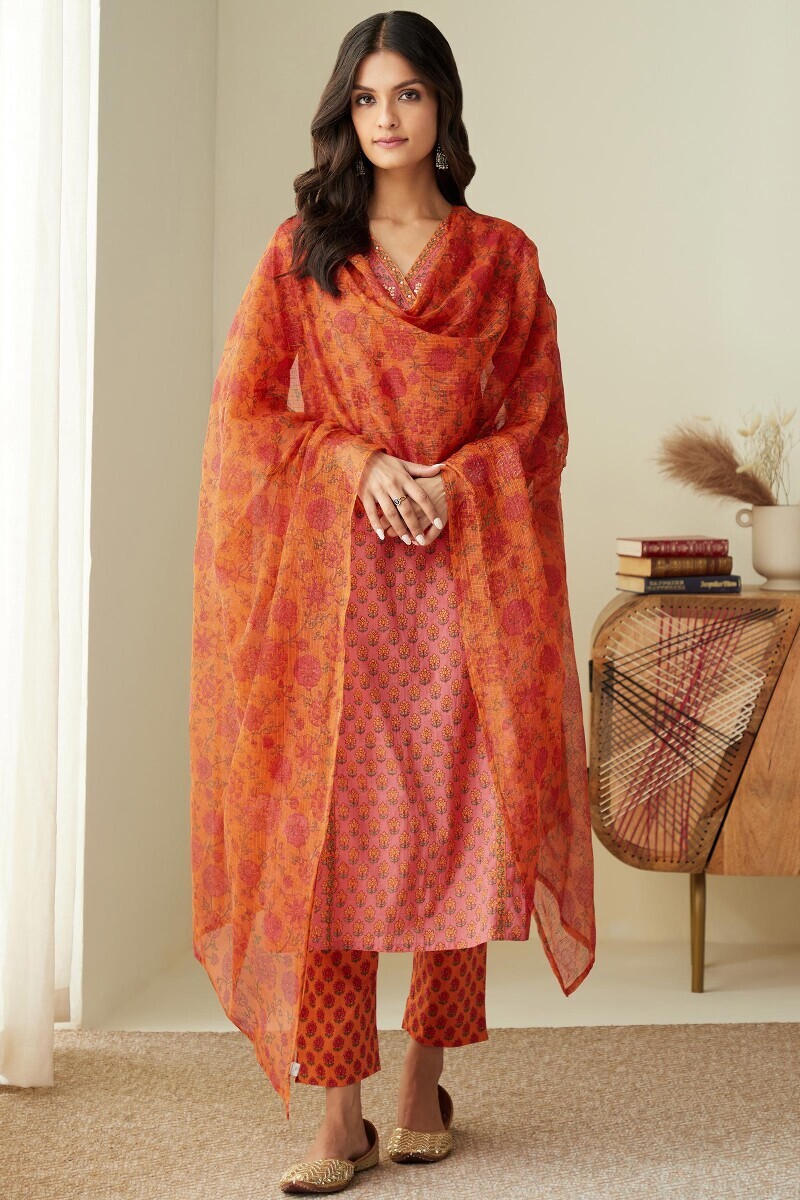 Pink Hand Printed Straight Cotton Kurta