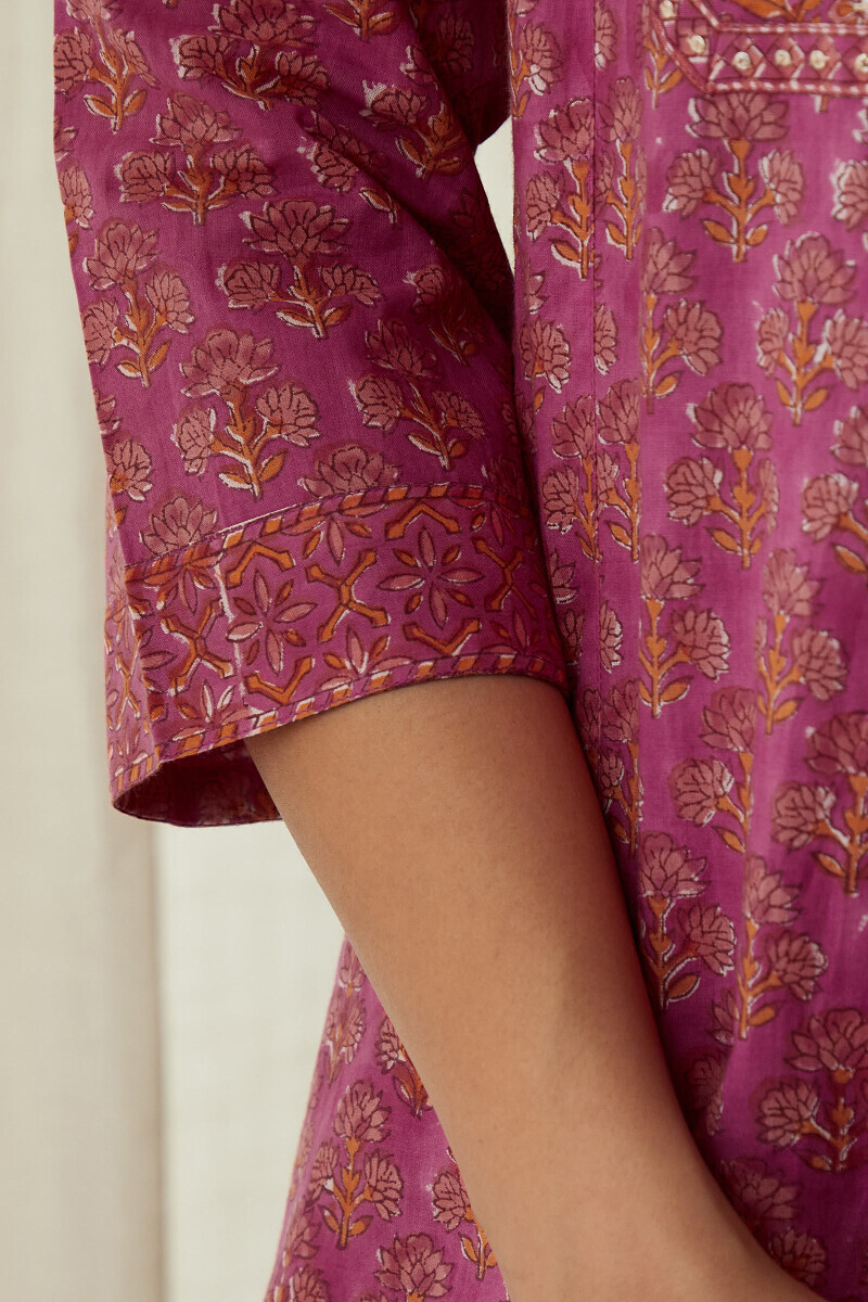 Purple Hand Block-Printed Straight Cotton Kurta