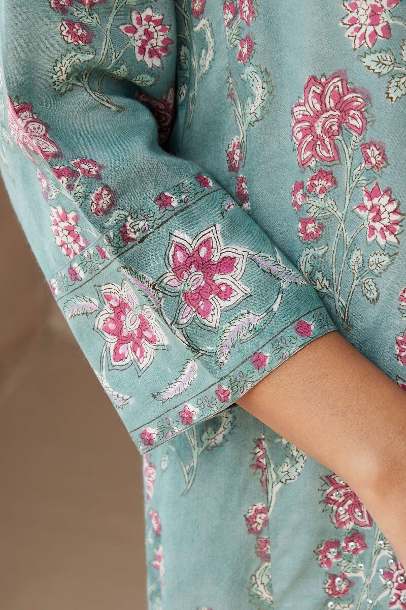 Green Hand Block-Printed Straight Viscose Kurta
