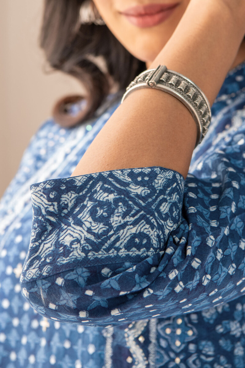 Indigo Hand Block-Printed Straight Cotton Slub Kurta