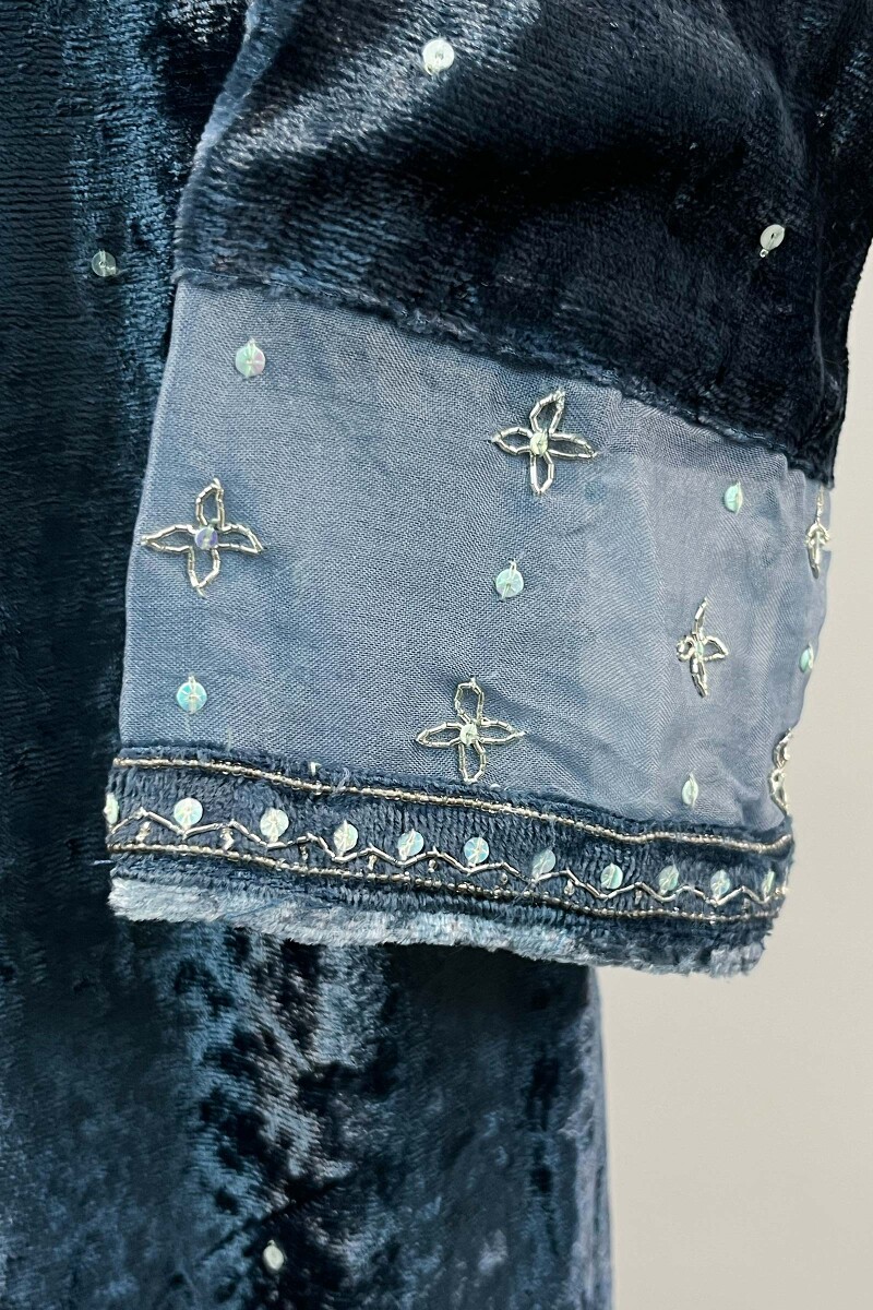 FG Specials: 1 of 1- Blue Handcrafted Velvet Kurta & Modal Pants - Size XS