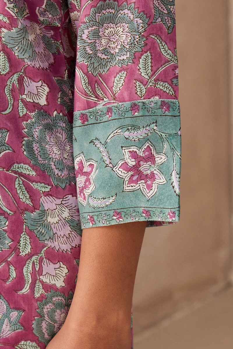 Pink Hand Block-Printed A-Line Viscose Kurta