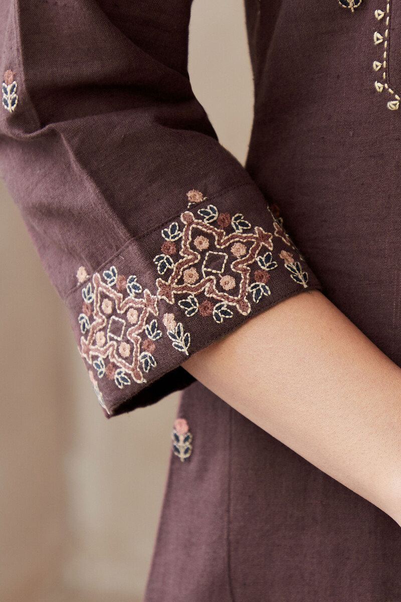 Brown Handcrafted Straight Cotton Linen Kurta