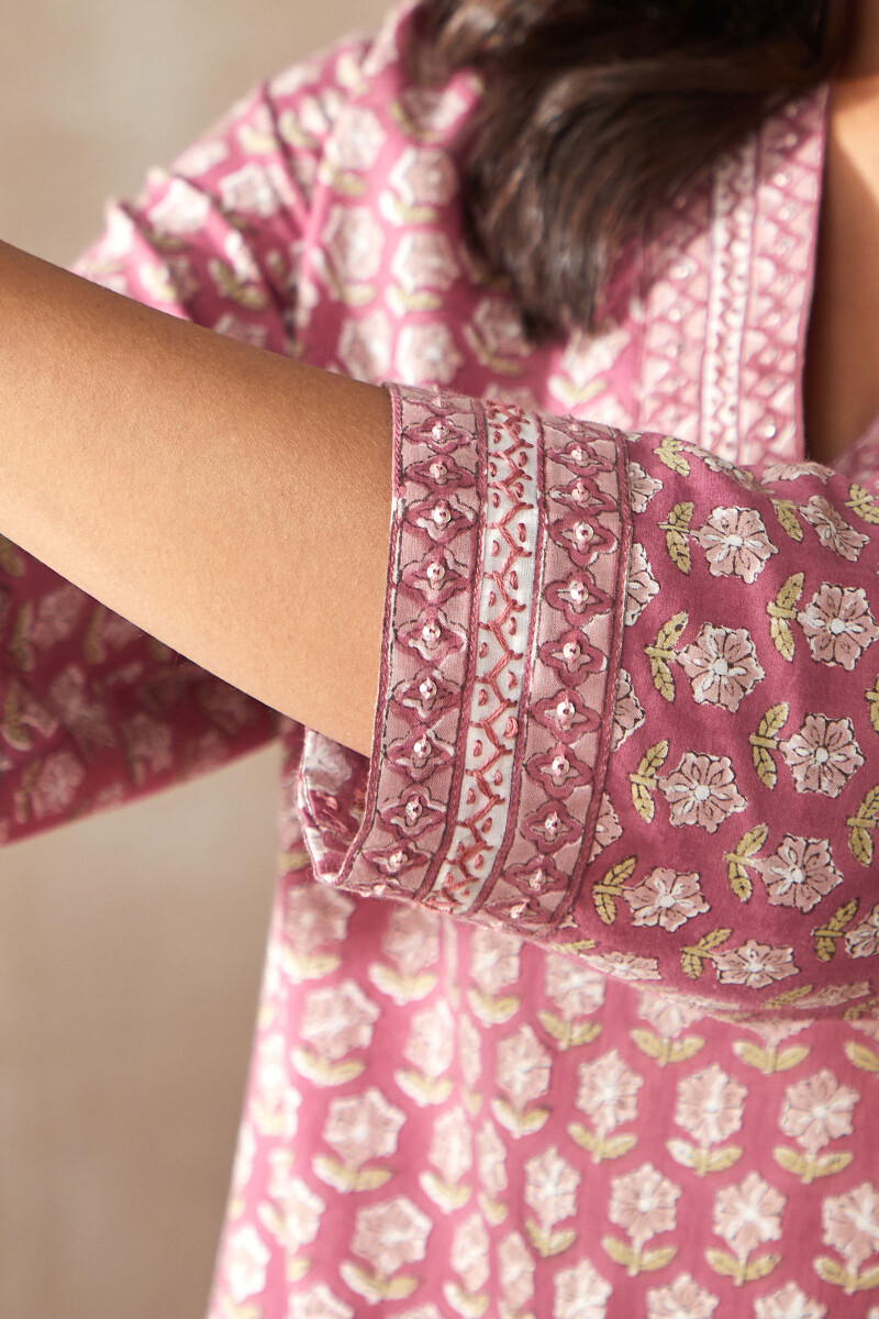 Purple Hand Block-Printed Straight Cotton Kurta