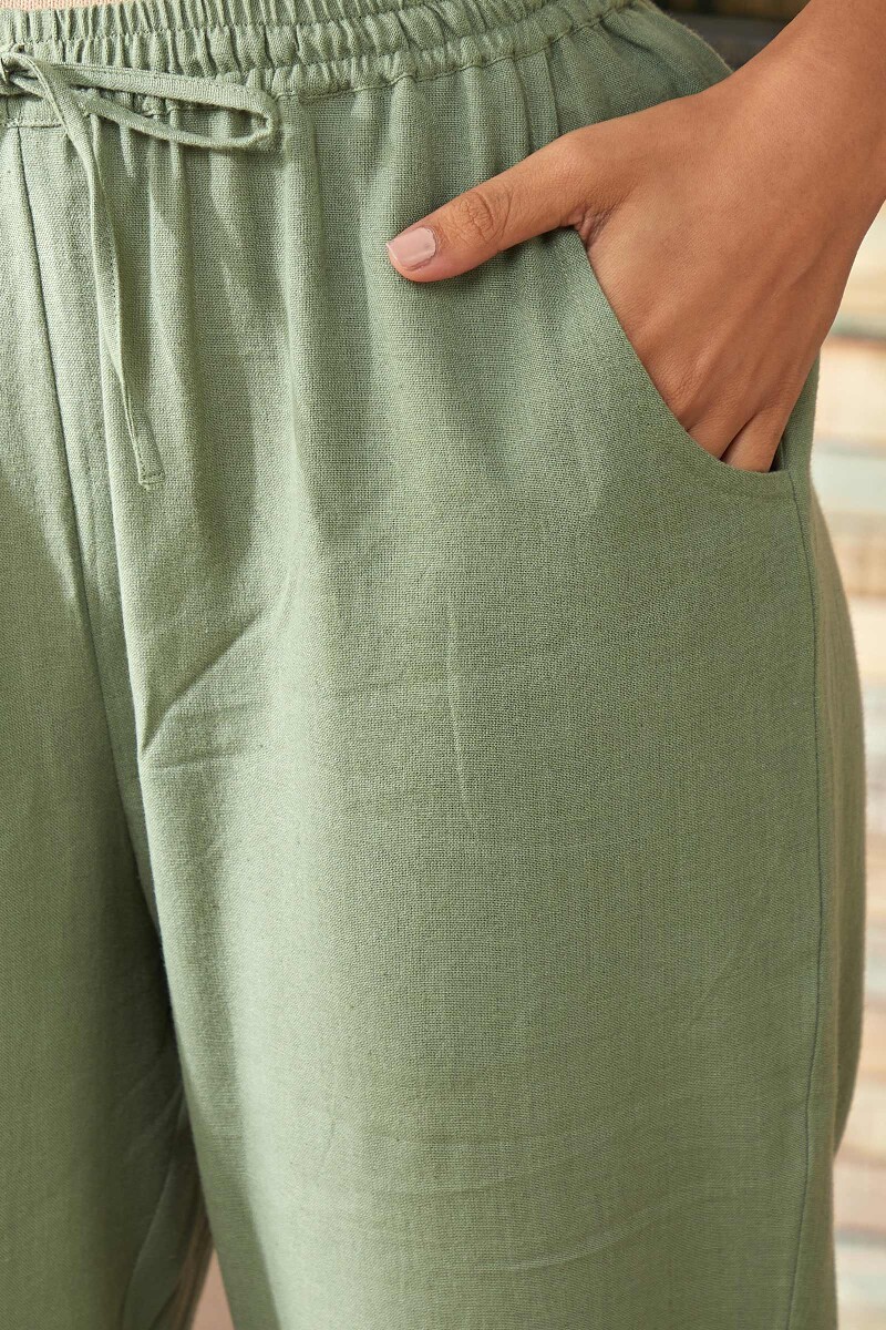 Green Handcrafted Cotton Narrow Pants