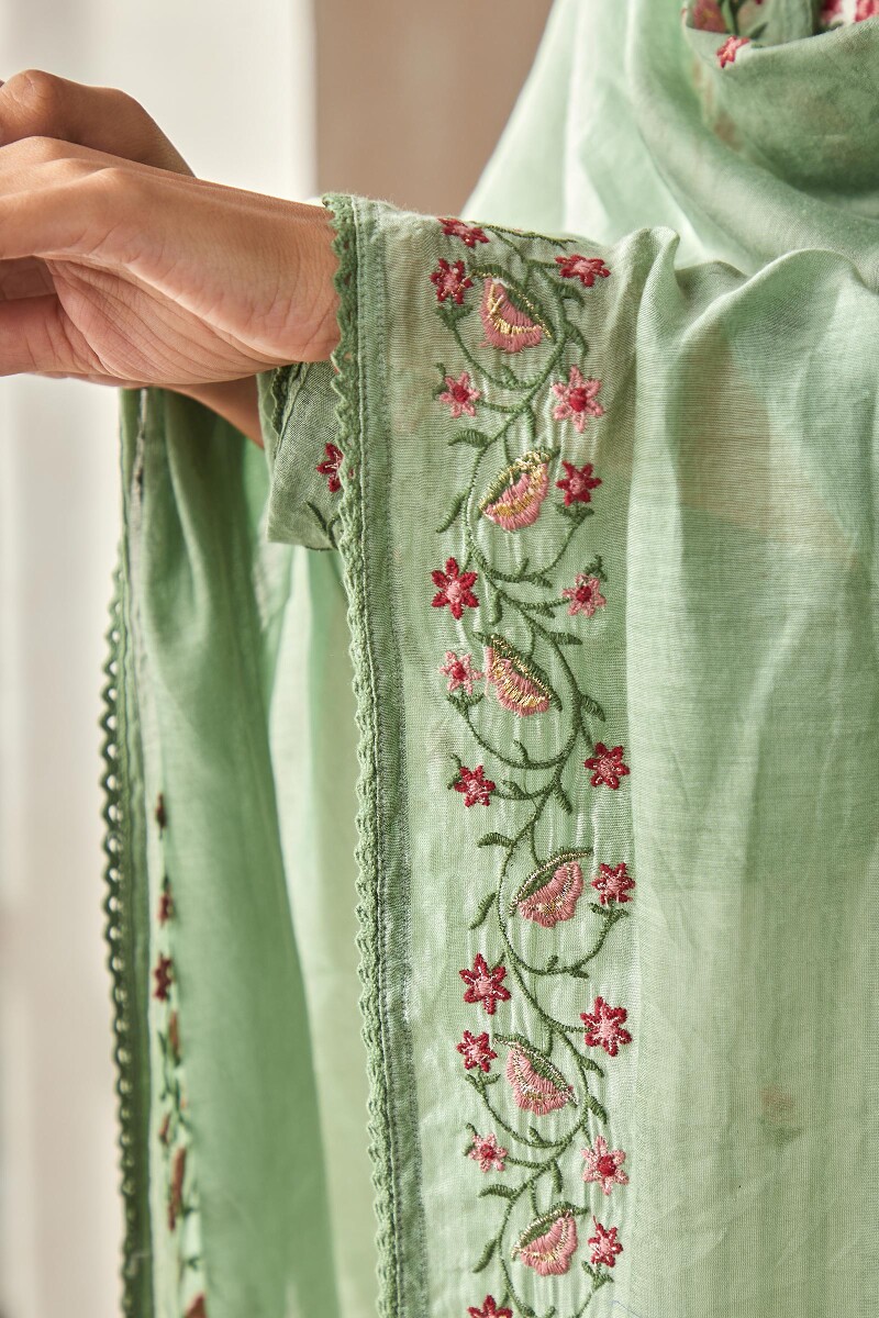 Green Handcrafted Cotton Silk Dupatta