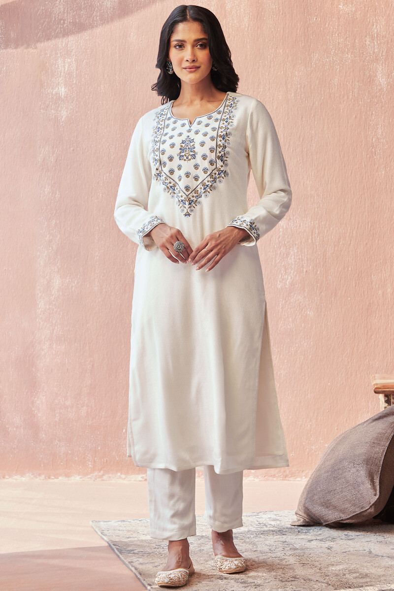 White Handcrafted Straight Faux Wool Kurta