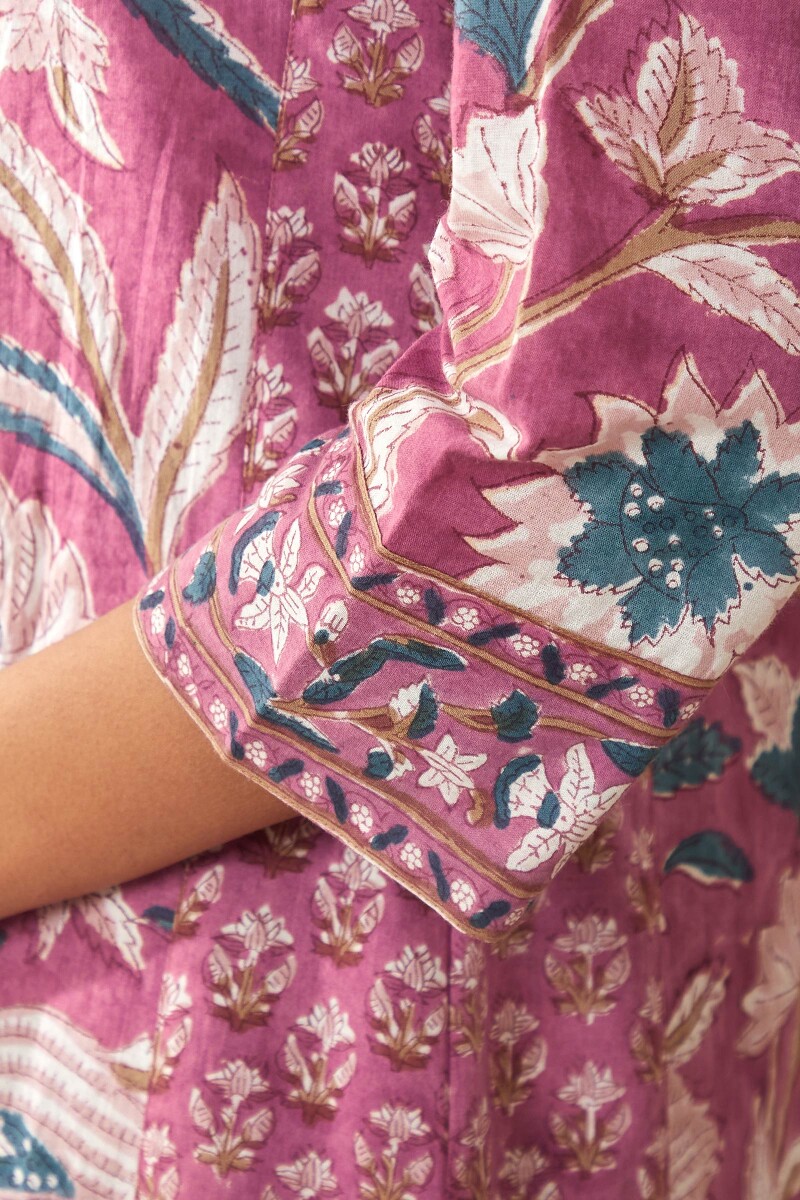 Purple Hand Block-Printed Straight Cotton Kurta